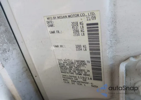 2010 Nissan Altima Hybrid z USA, uszkodzony, nr VIN 1N4CL2AP4AC119218